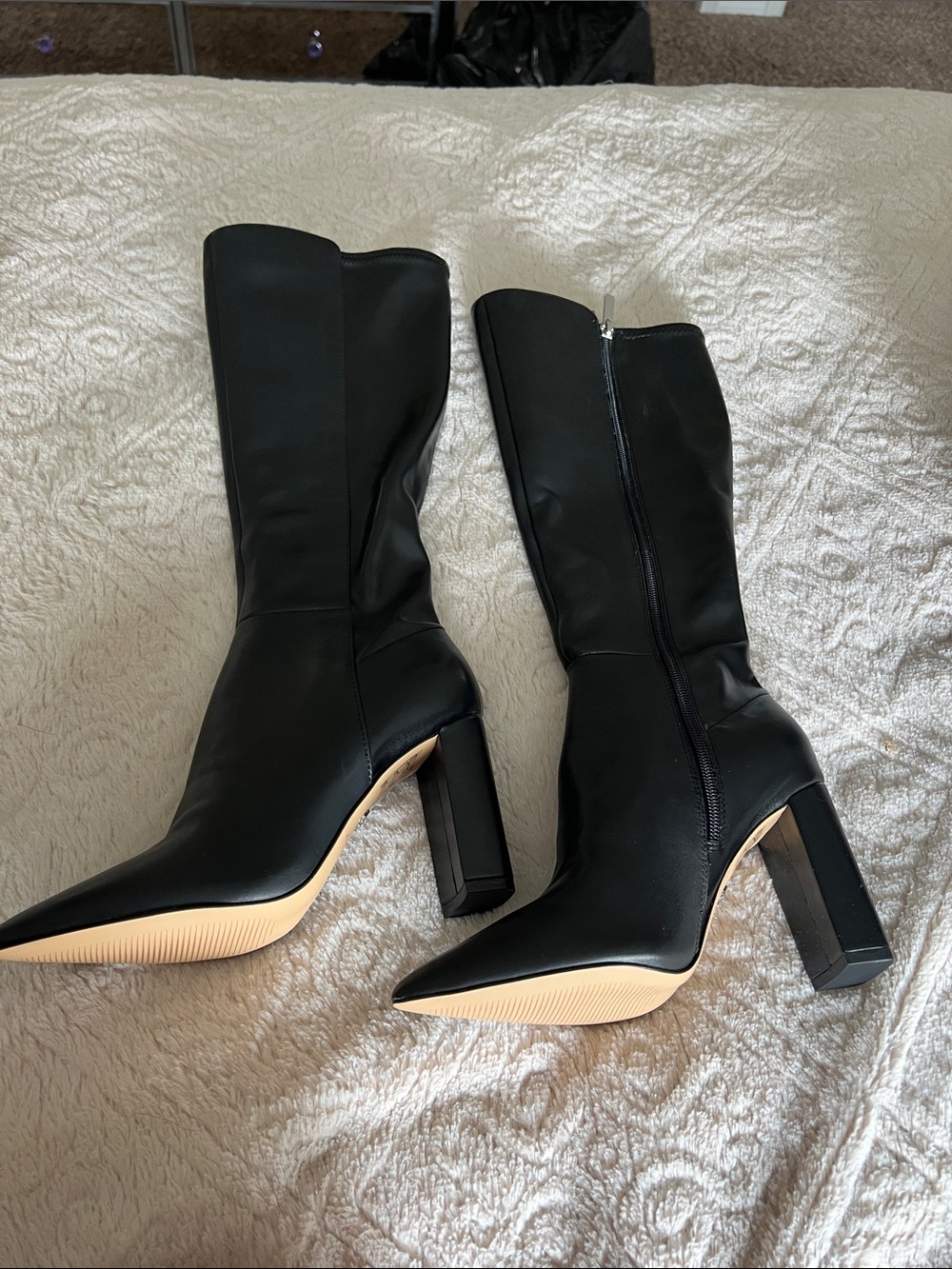 Black Mid-Calf Pointed Toe Block Heel Boots - Women